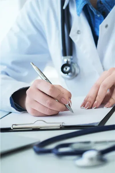 Advanced-Diagnostic-Testing-Treatment Close up of a doctor in a white coat, writing on a notepad, representing functional medicine testing offered by Kane Lai, MD in Dallas-Fort Worth Metroplex.