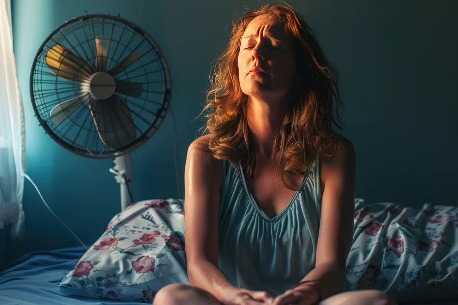 Hot-Flashes-and-Night-Sweats-Clinic A middle-aged red-haired woman sits in bed sweating with a fan behind her, unable to sleep. Get treatment for hot flashes and night sweats from Kane Lai, MD in Dallas-Fort Worth Metroplex.